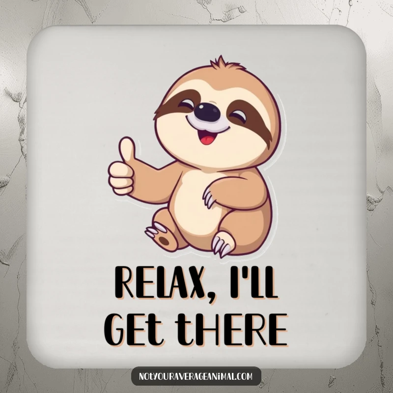 Funny sloth drink coasters featuring a delighted character giving a slow thumbs-up, perfect for humorous tabletops.