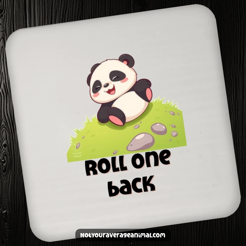 Funny giggling panda cub joyfully rolling down a grassy hill, depicted on a protective drink coaster.