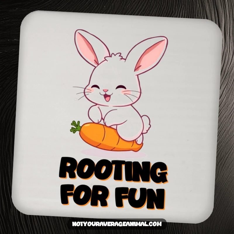 Funny drink coaster set showing a fluffy rabbit with big ears, joyfully hopping over a comically bouncing carrot, bringing cheerful vibes.