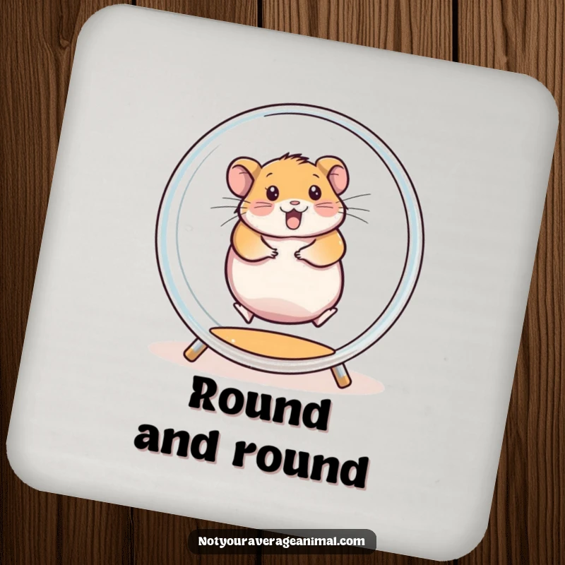 Funny drink coaster set showing a chubby hamster spinning enthusiastically inside a transparent exercise wheel, bringing energetic vibes to tabletops.