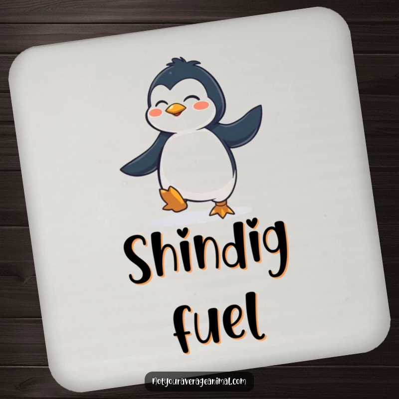 Funny Coaster: A determined penguin joyfully performing a lively jig, adding animated flair to drink protection.