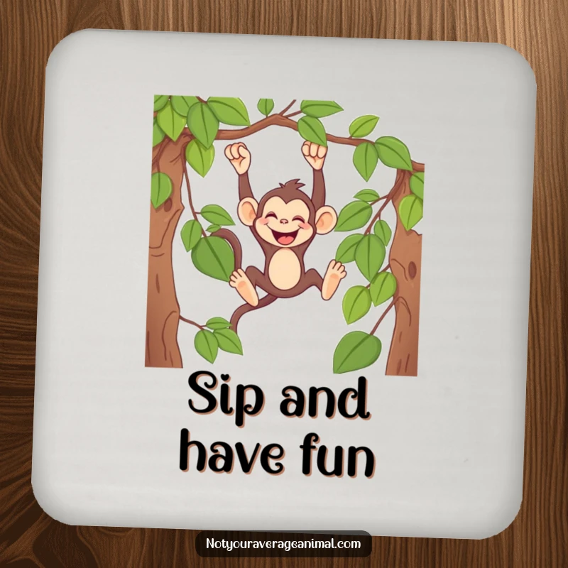 Funny monkey coaster featuring a mischievous primate swinging from a vine, giggling heartily, protecting surfaces with humor.
