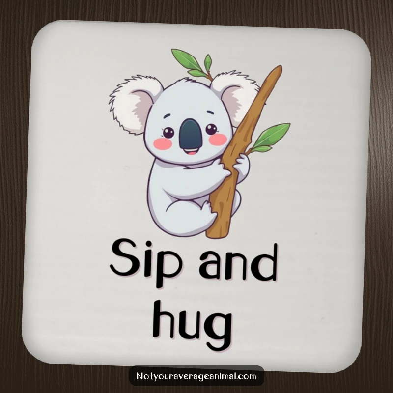 Funny drink coaster featuring a content koala character happily hugging a eucalyptus branch, perfect for adding calm surfaces.