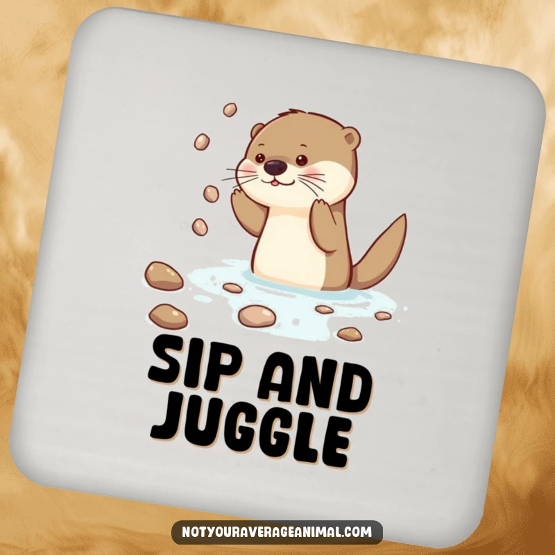 Funny Otter Drink Coaster showcasing a curious otter character juggling shiny pebbles, bringing fun to drinks.