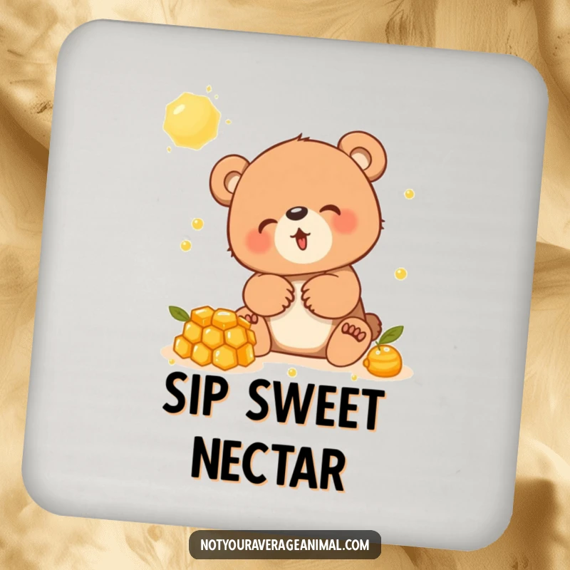 Funny drink coaster featuring a bear cub in a state of glee, playing with a dripping honeycomb, protecting surfaces.