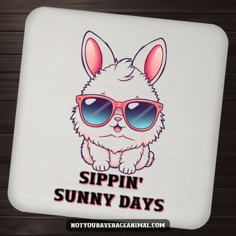 Funny bunny drink coaster with a fluffy rabbit in oversized sunglasses, offering protection with a cool and humorous visual.