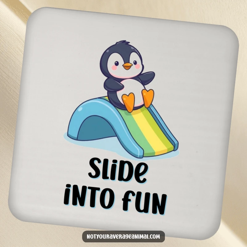 Funny drink coaster featuring a cheerful penguin sliding down a rainbow, adding a humorous touch to any table.