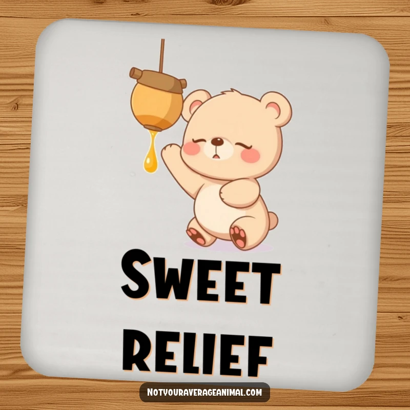 Funny drink coaster set showing a sleepy bear cub reaching excitedly for a dangling honeypot, bringing sweet charm to tabletops.