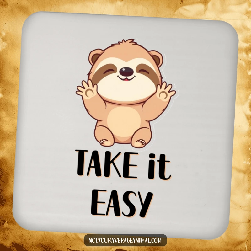 Funny drink coasters featuring a happy sloth character waving hello, adding a touch of cheerful protection to tabletops.