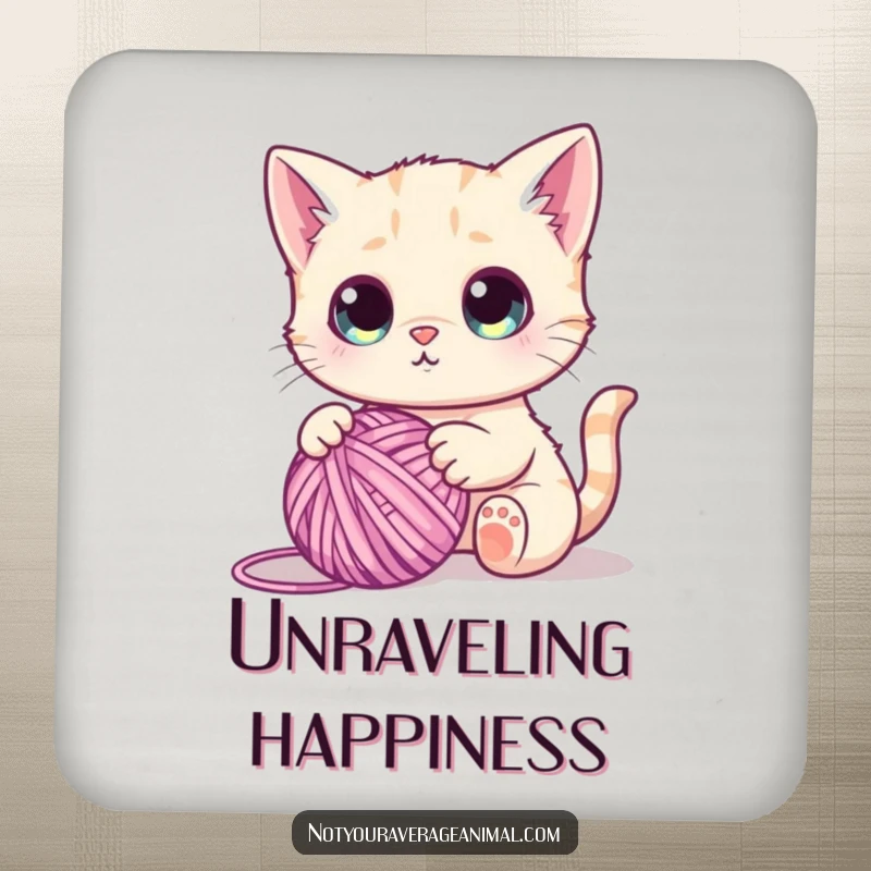 Funny drink coaster depicting a cute cat with wide eyes, playing with a ball of yarn, adding a humorous touch.