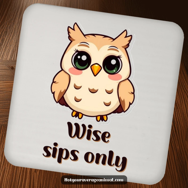 Funny drink coaster featuring a smiling owl with large eyes, contentedly hooting, for wise table protection.