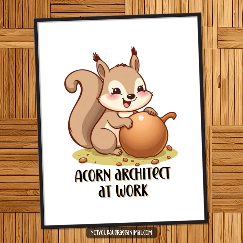 Funny poster art of a jubilant squirrel burying an exceptionally large acorn with a wide, happy smile, conveying immense satisfaction and comedic glee.