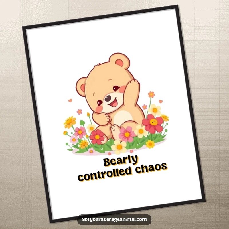 Funny Bear Cub Poster: A happy bear cub tumbling through a field of colorful flowers, capturing pure, unrestrained joy.