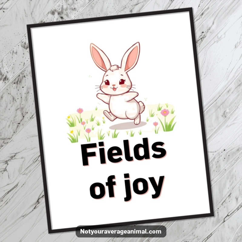 Funny poster print of a cheerful rabbit with long ears hopping through a bright, sunlit field, capturing a moment of pure joy.