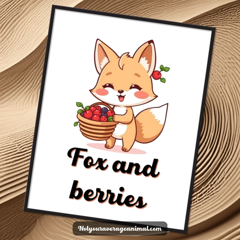 Funny Fox Poster illustrating a cheerful fox character carrying a basket brimming with fresh berries, creating a warm scene.
