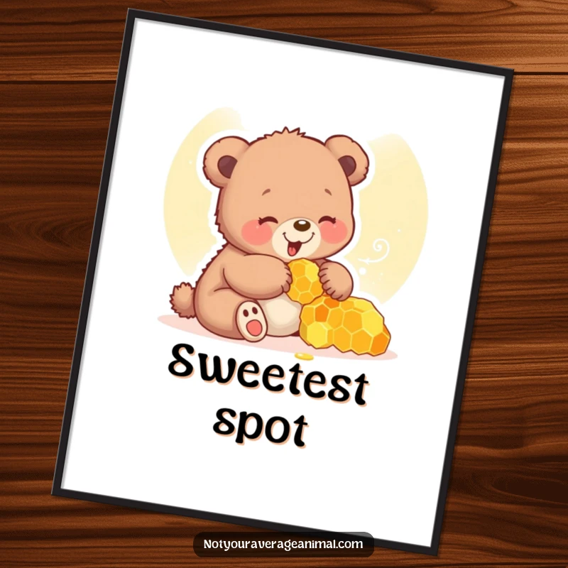 Funny bear cub poster capturing a cub giggling with pure delight while playing with a dripping honeycomb.
