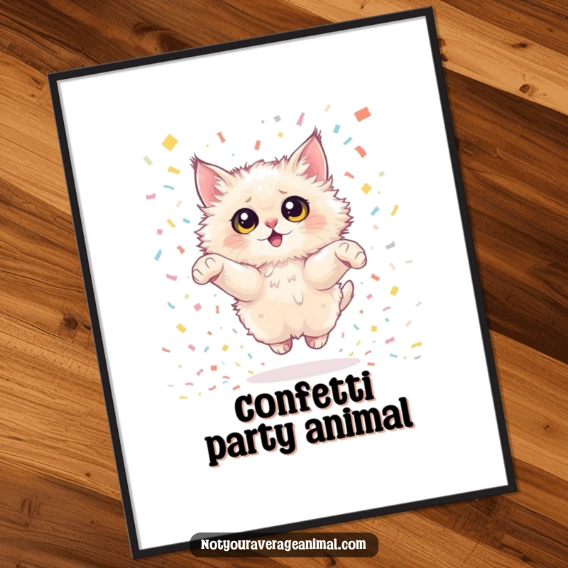 Funny fluffy cat poster with big eyes joyfully leaping through a dazzling confetti shower. Whimsical wall art for a fun atmosphere.