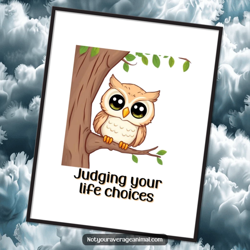 Funny poster art of a wise owl with enormous eyes peeking from a tree, conveying curiosity, intelligence, and a hint of playful mystery.