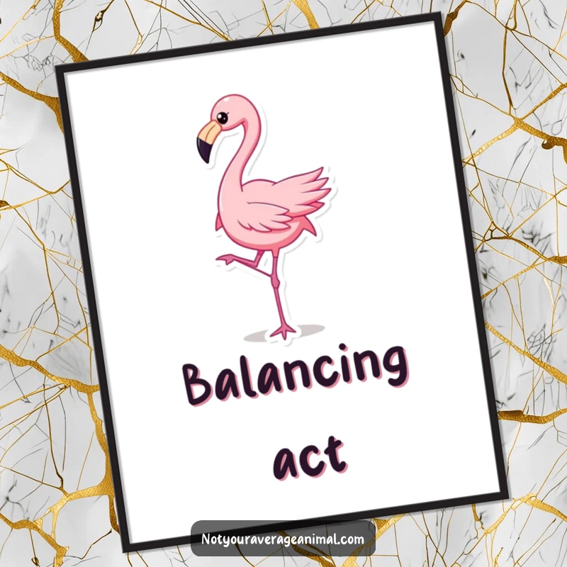 Vibrant poster of a funny flamingo character dancing with one leg raised, perfect for lively wall art and a funny gift.