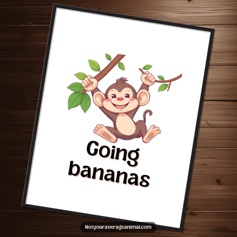 Funny monkey poster featuring a silly monkey with a huge grin, captured mid-swing on a jungle vine.