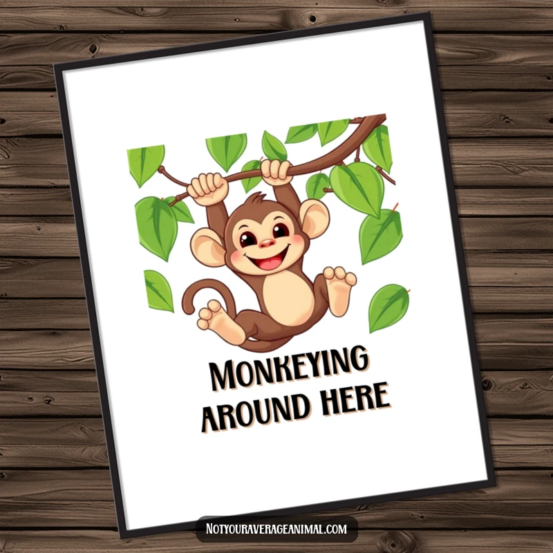 Funny poster of a mischievous monkey with a wide grin, dynamically swinging from a jungle vine.