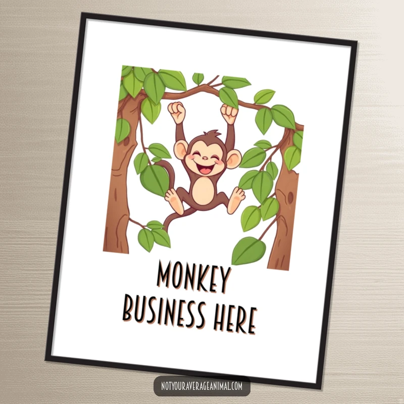 Funny monkey poster featuring a mischievous primate swinging from a vine, captured mid-giggle, ideal for vibrant wall art.