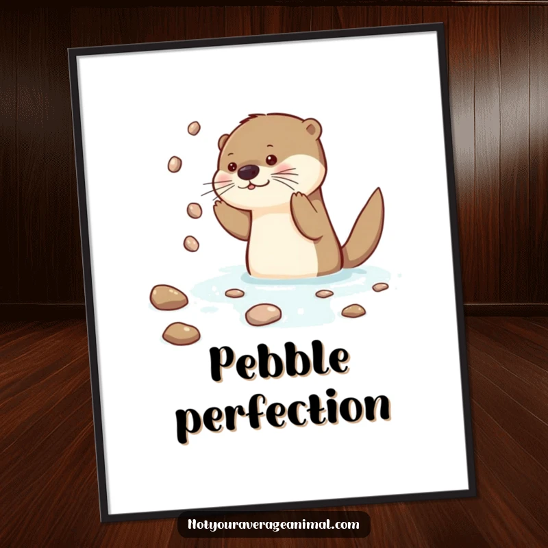 Funny Otter Poster illustrating a curious otter character masterfully juggling shiny pebbles in a serene water setting.