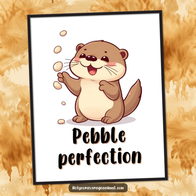 Funny poster of a curious otter joyfully juggling shiny pebbles, embodying playful delight and concentration.