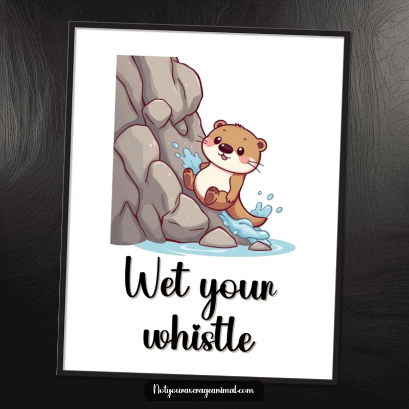 Funny poster art: A playful otter makes a big splash while sliding down a rocky slope.