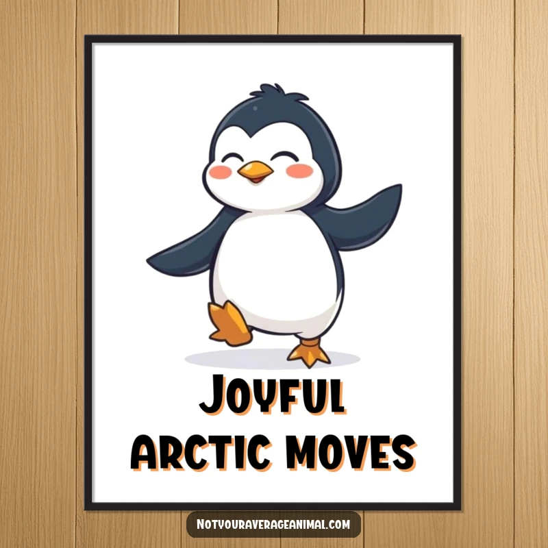 Funny Poster: A determined penguin joyfully performing a lively jig, its movements conveying sheer happiness and fun.