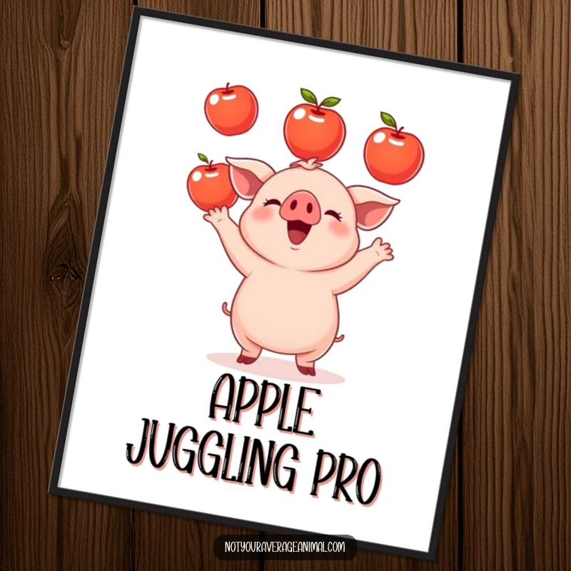 Funny small round piglet poster capturing a joyful piglet juggling shiny apples, exuding happiness and whimsical farm charm. Wall art for fun.