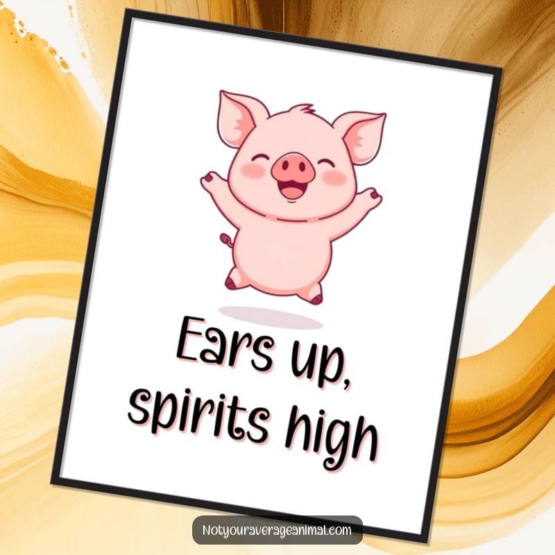Funny Pink Piglet Poster of a round piglet gleefully jumping with ears flapping, a joyful and humorous piece of art.