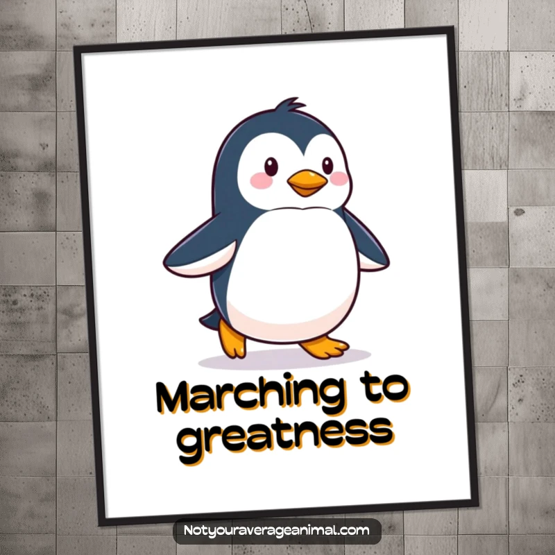 Funny poster depicting a penguin confidently waddling with a happy gait, embodying pride and cheerful movement.