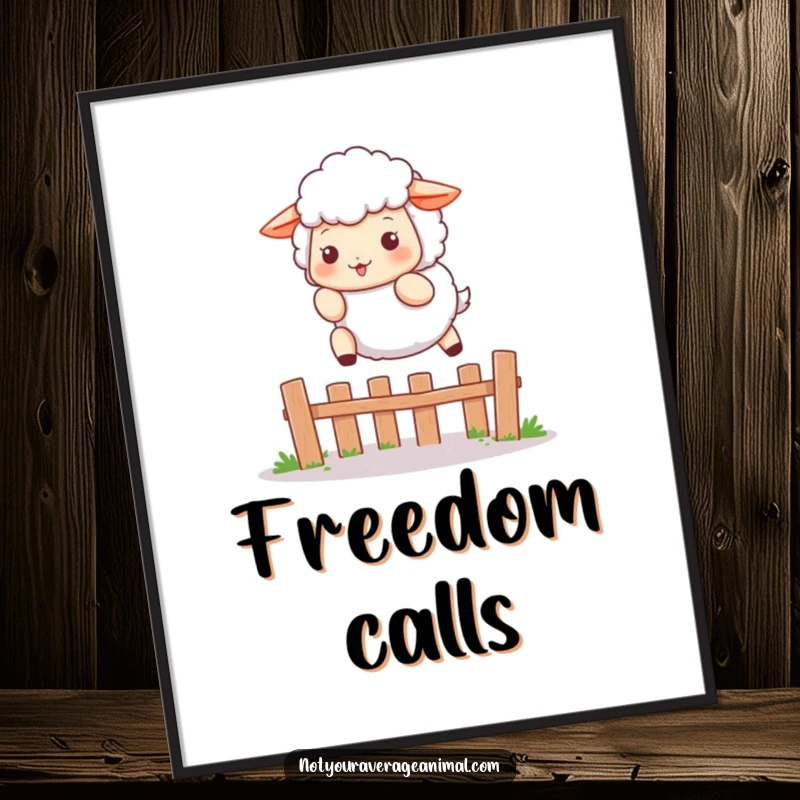 Funny poster artwork of a fluffy sheep character playfully leaping over a small fence, adding charming and humorous farm-themed decor.