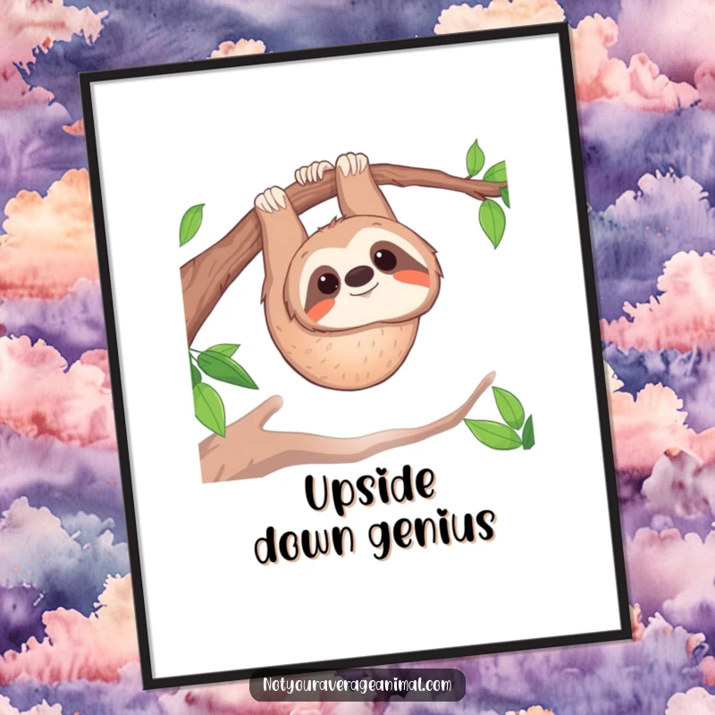 Funny poster: A curious sloth hangs upside down from a branch, beaming with a happy smile.