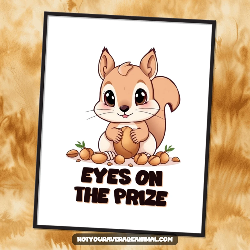 Funny squirrel poster showcasing big eyes as a curious squirrel gathers nuts, creating adorable and humorous woodland wall art.