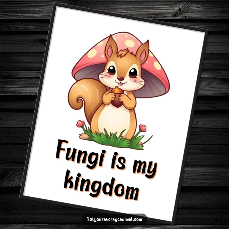 Funny Squirrel Poster: A curious squirrel emerges from a colorful mushroom, holding an acorn, adding a whimsical and humorous touch to any room.