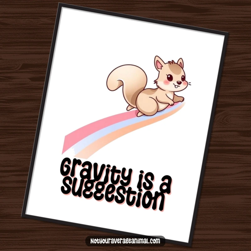 Funny squirrel poster featuring a mischievous squirrel sliding down a vibrant rainbow, creating a whimsical and joyful piece of art.