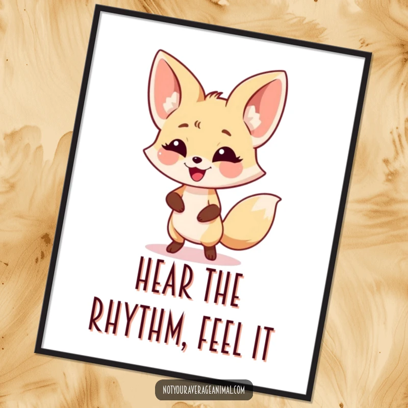 Funny fennec fox poster showing a smiling character with large ears doing a lively dance, perfect for adding cheer.