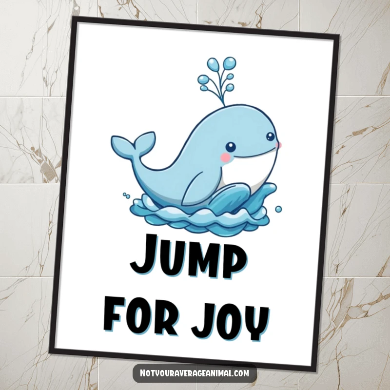 Funny poster print of a whale dramatically leaping from the sea, creating a huge and playful spout of water, ocean-themed art.