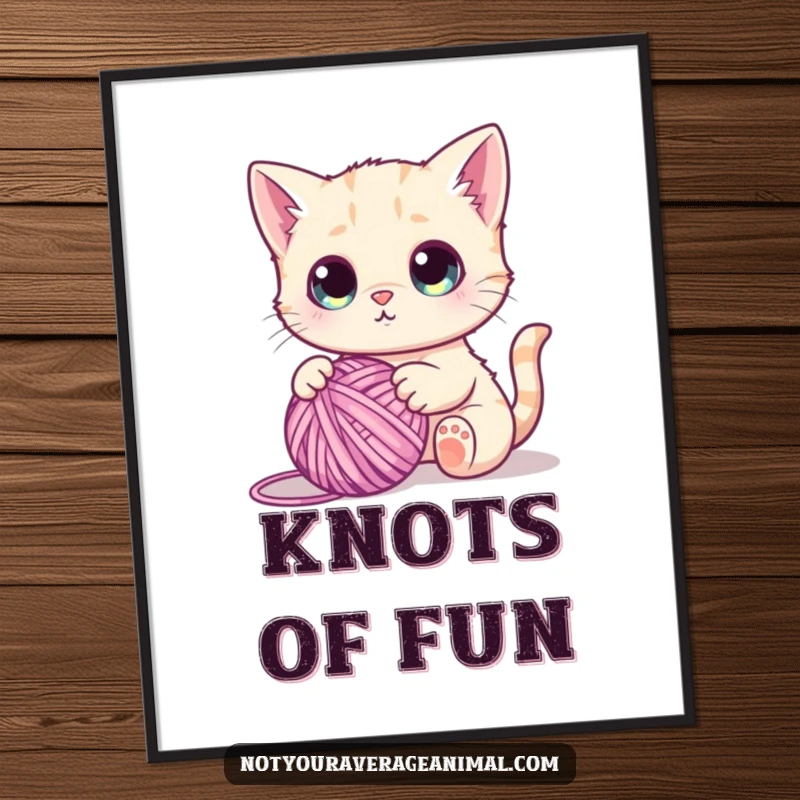 Funny poster print of a cute cat with huge, round eyes, batting at a ball of yarn, capturing a moment of pure playfulness.