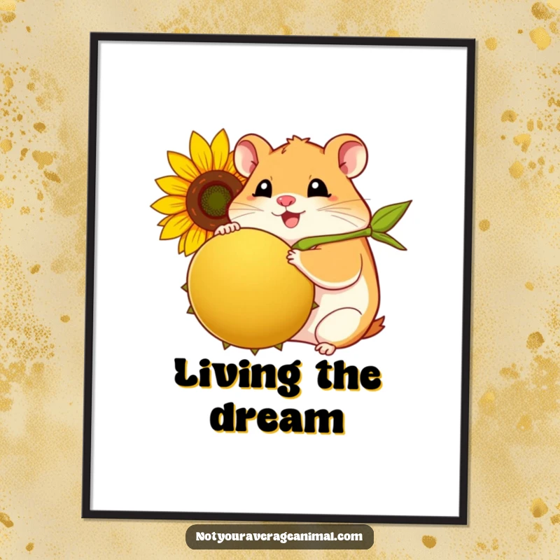 Funny hamster poster featuring a plump, smiling hamster joyfully clutching a large sunflower seed.