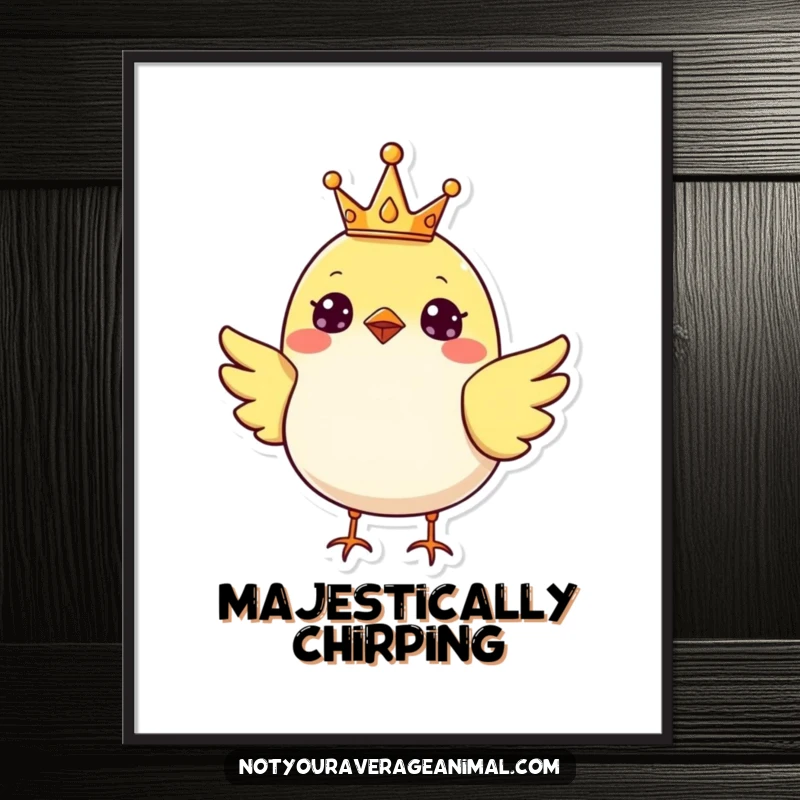 Funny cheerful bird wearing a tiny crown, exuding joy and a regal presence, ideal for wall art.