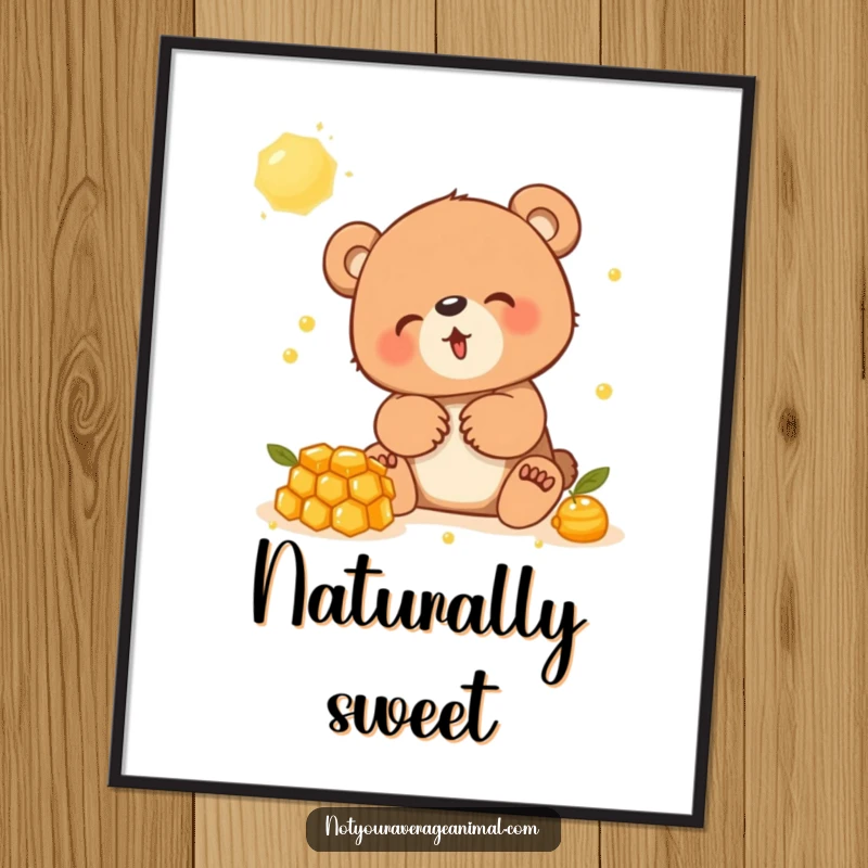 Funny poster of a bear cub in fits of giggles while playing with a sticky, dripping honeycomb, pure cuteness.