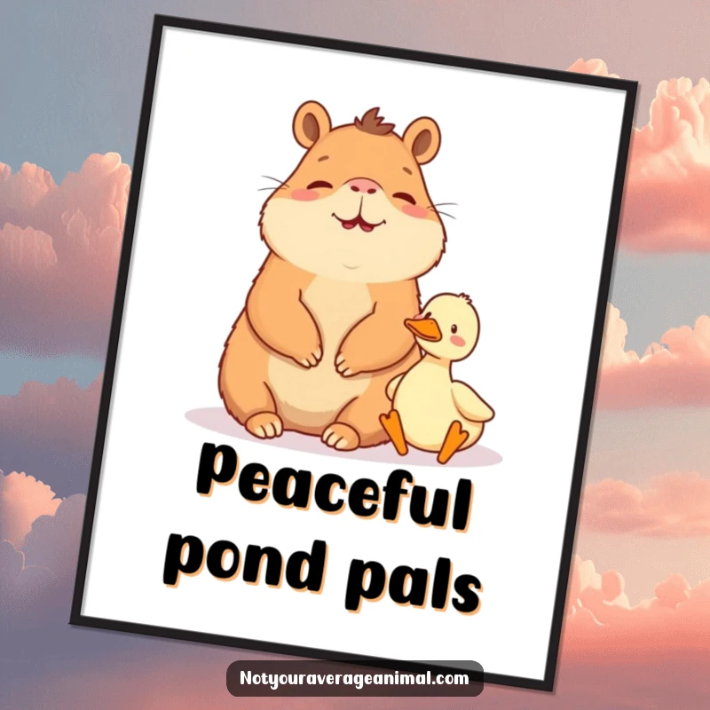 Funny poster art: A happy capybara sits peacefully next to a tiny duck, radiating calm.