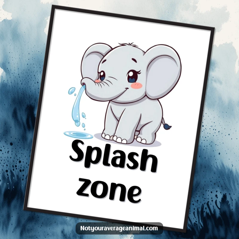 Funny elephant poster capturing a friendly elephant happily spraying water from its trunk with a cheerful expression.