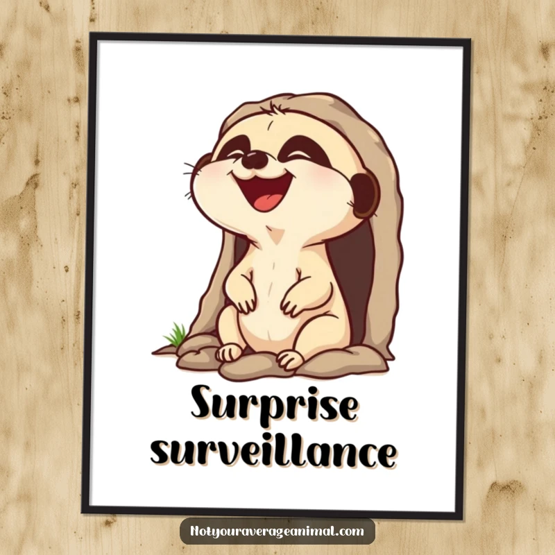 Funny laughing meerkat poster, a character popping head out of burrow laughing, bringing joyful humor to decor.