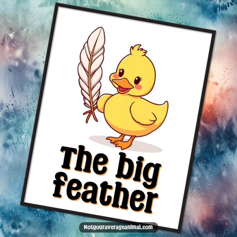 Funny cartoon duck poster capturing a silly duck waddling with a huge feather, exuding charm and whimsical humor. Wall art for fun.