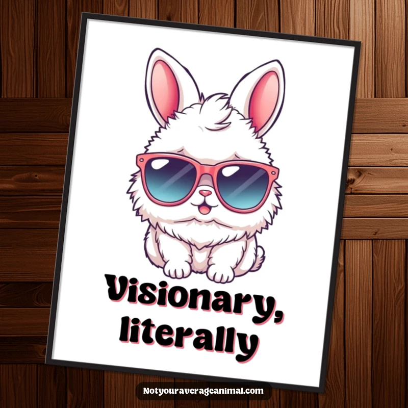 Funny bunny poster featuring a fluffy rabbit wearing large sunglasses, conveying a cool and hip attitude, ideal for humorous wall decor.