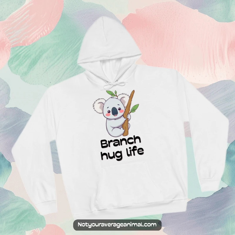 Funny hoodie with a content koala character happily hugging a eucalyptus branch, perfect for cozy and relaxed wear.